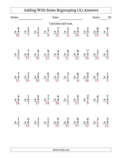 The 50 Single-Digit Addition Questions With Some Regrouping (A) Math Worksheet Page 2