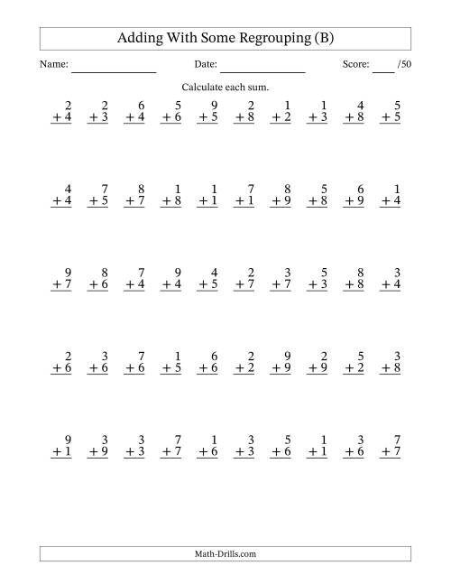 The 50 Single-Digit Addition Questions With Some Regrouping (B) Math Worksheet