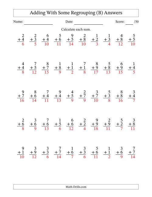 The 50 Single-Digit Addition Questions With Some Regrouping (B) Math Worksheet Page 2