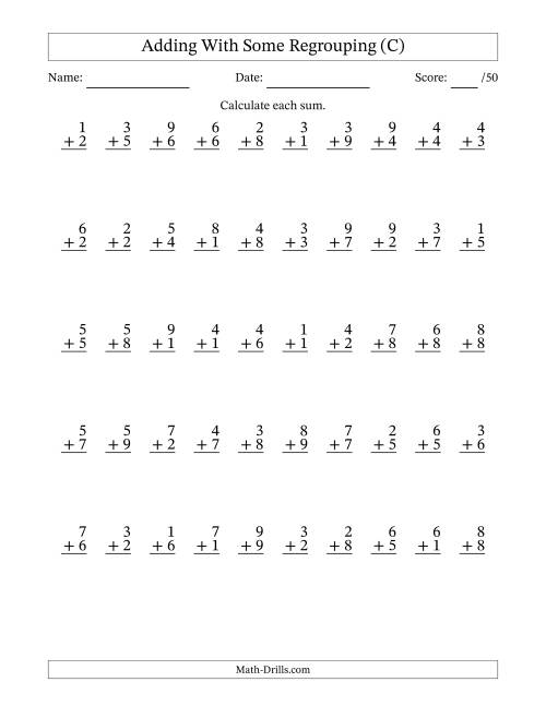 The 50 Single-Digit Addition Questions With Some Regrouping (C) Math Worksheet