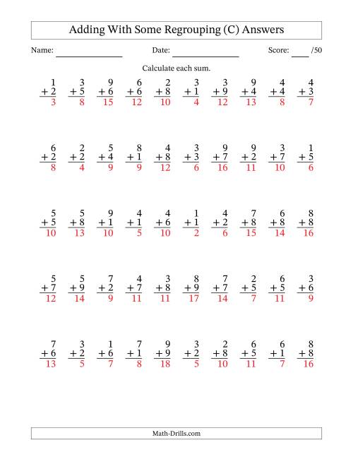 The 50 Single-Digit Addition Questions With Some Regrouping (C) Math Worksheet Page 2