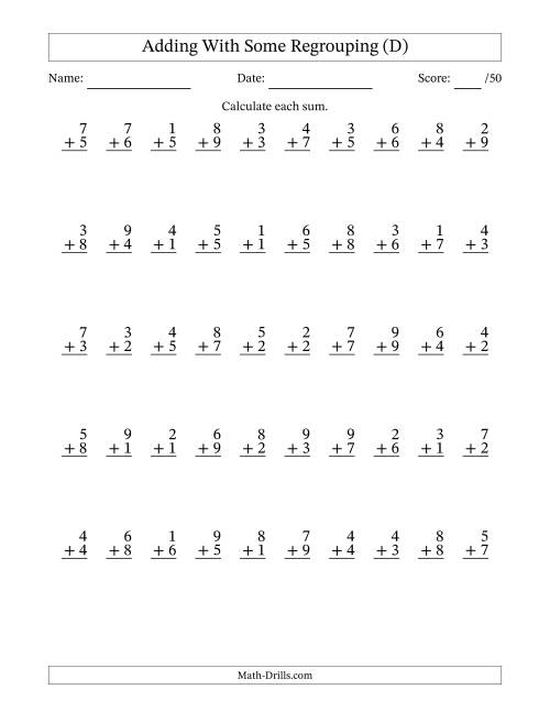 The 50 Single-Digit Addition Questions With Some Regrouping (D) Math Worksheet