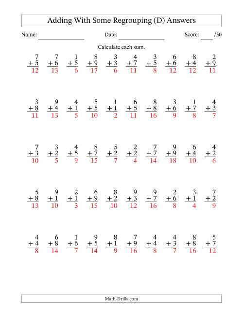 The 50 Single-Digit Addition Questions With Some Regrouping (D) Math Worksheet Page 2