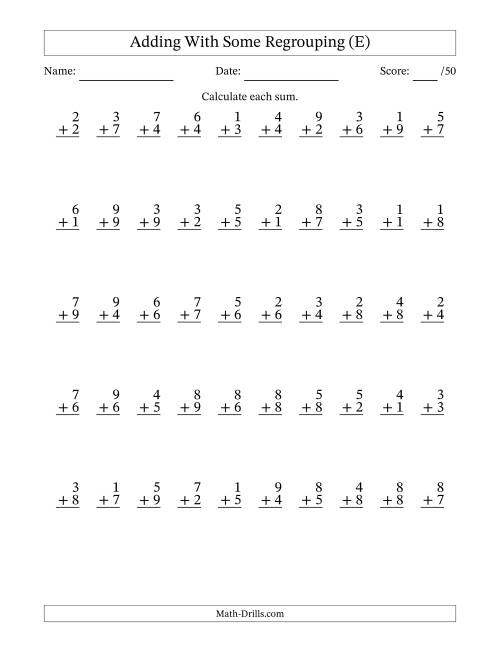 The 50 Single-Digit Addition Questions With Some Regrouping (E) Math Worksheet