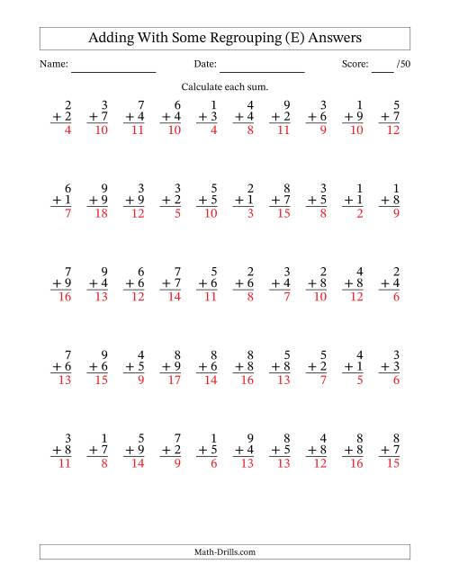 The 50 Single-Digit Addition Questions With Some Regrouping (E) Math Worksheet Page 2