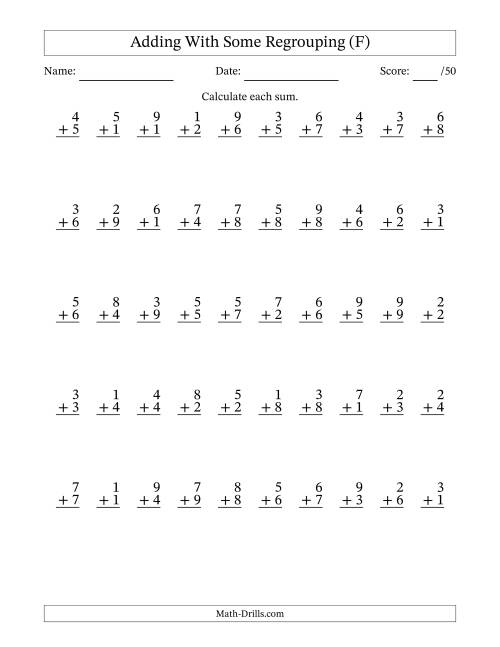 The 50 Single-Digit Addition Questions With Some Regrouping (F) Math Worksheet