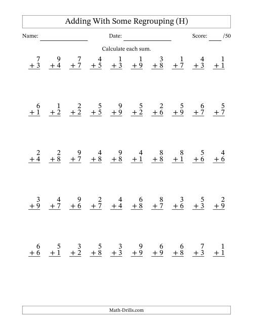 The 50 Single-Digit Addition Questions With Some Regrouping (H) Math Worksheet