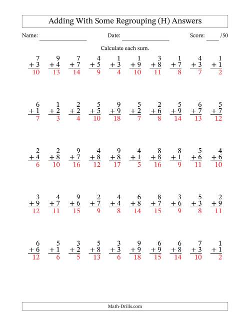 The 50 Single-Digit Addition Questions With Some Regrouping (H) Math Worksheet Page 2