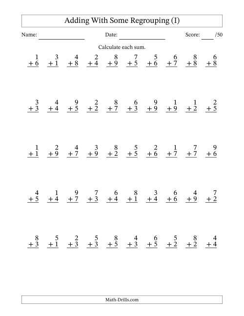 The 50 Single-Digit Addition Questions With Some Regrouping (I) Math Worksheet