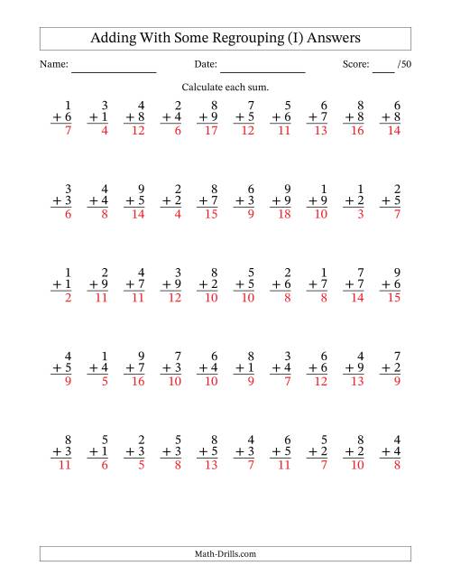 The 50 Single-Digit Addition Questions With Some Regrouping (I) Math Worksheet Page 2
