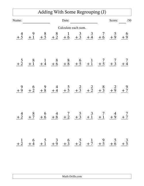 The 50 Single-Digit Addition Questions With Some Regrouping (J) Math Worksheet