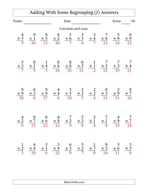 The 50 Single-Digit Addition Questions With Some Regrouping (J) Math Worksheet Page 2