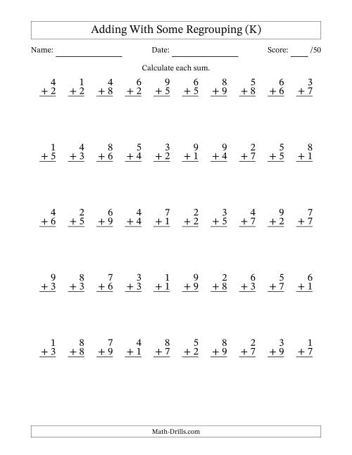 The 50 Single-Digit Addition Questions With Some Regrouping (K) Math Worksheet