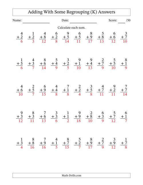The 50 Single-Digit Addition Questions With Some Regrouping (K) Math Worksheet Page 2