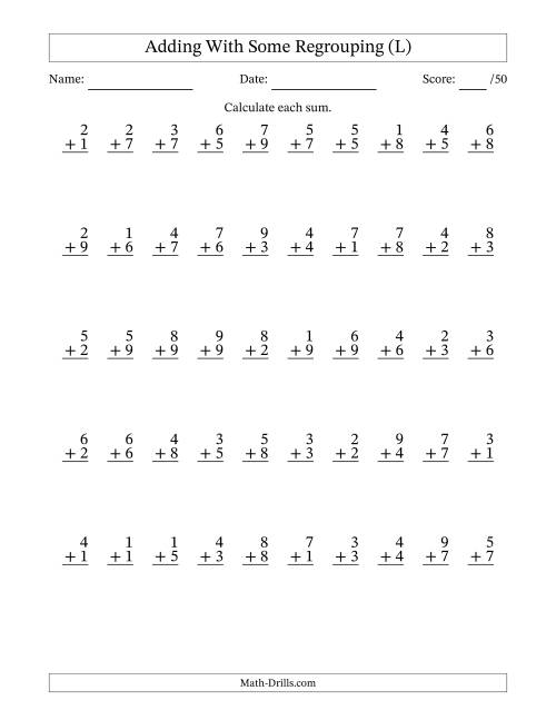 The 50 Single-Digit Addition Questions With Some Regrouping (L) Math Worksheet