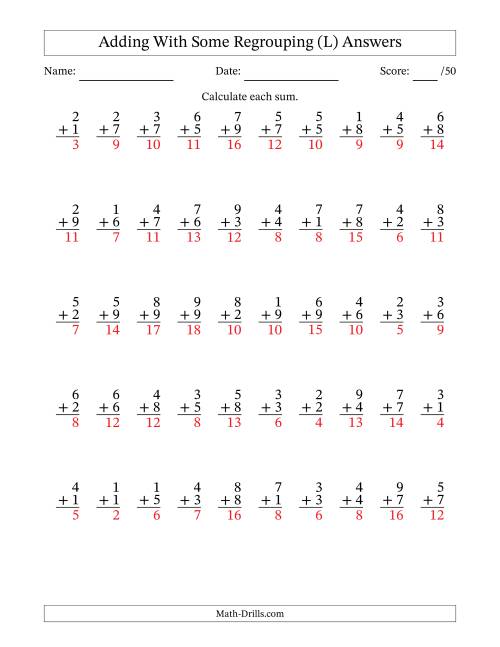 The 50 Single-Digit Addition Questions With Some Regrouping (L) Math Worksheet Page 2