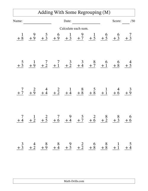 The 50 Single-Digit Addition Questions With Some Regrouping (M) Math Worksheet