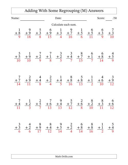 The 50 Single-Digit Addition Questions With Some Regrouping (M) Math Worksheet Page 2