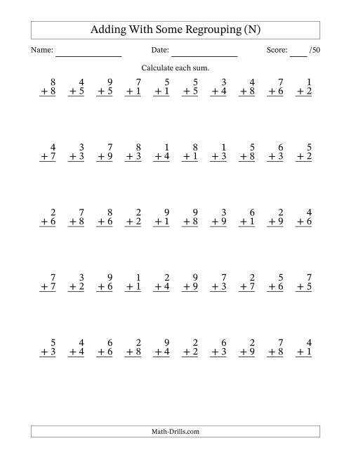 The 50 Single-Digit Addition Questions With Some Regrouping (N) Math Worksheet