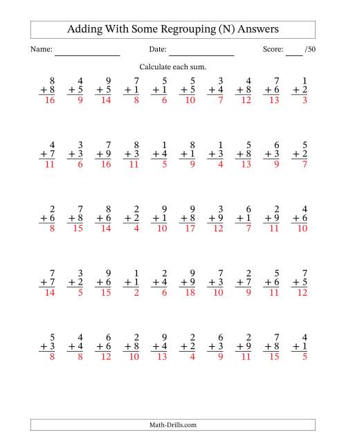 The 50 Single-Digit Addition Questions With Some Regrouping (N) Math Worksheet Page 2