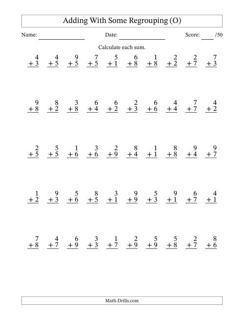The 50 Single-Digit Addition Questions With Some Regrouping (O) Math Worksheet