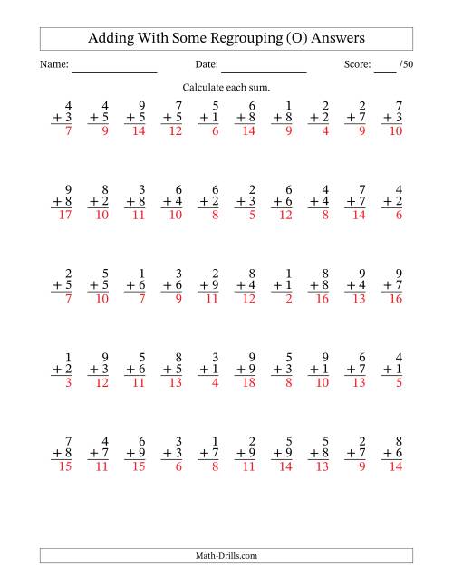 The 50 Single-Digit Addition Questions With Some Regrouping (O) Math Worksheet Page 2