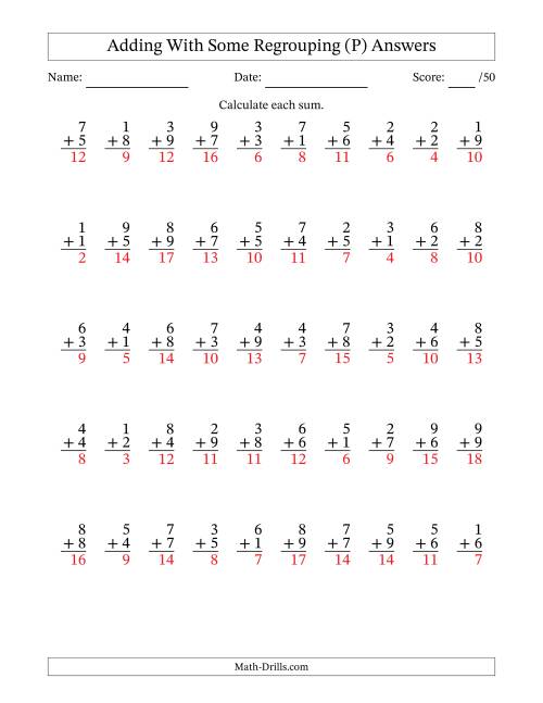 The 50 Single-Digit Addition Questions With Some Regrouping (P) Math Worksheet Page 2