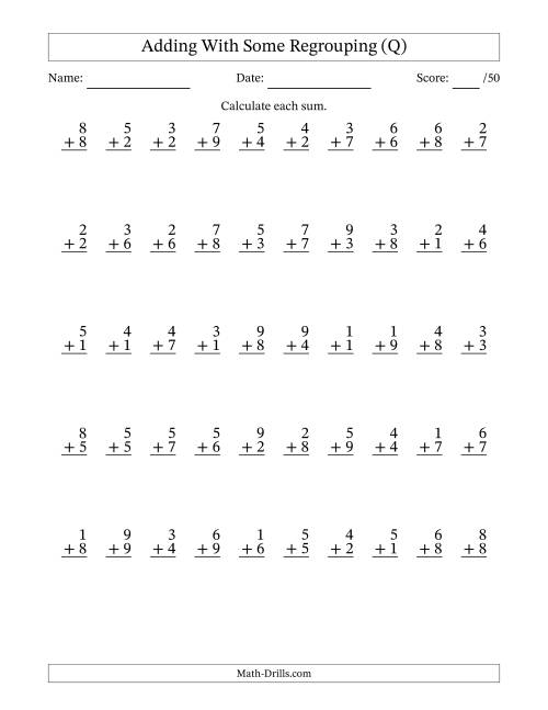 The 50 Single-Digit Addition Questions With Some Regrouping (Q) Math Worksheet