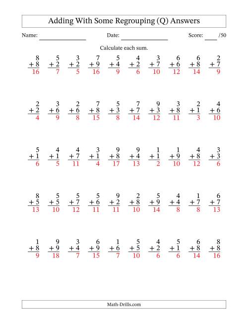 The 50 Single-Digit Addition Questions With Some Regrouping (Q) Math Worksheet Page 2