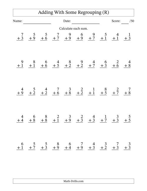 The 50 Single-Digit Addition Questions With Some Regrouping (R) Math Worksheet