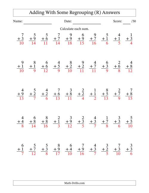 The 50 Single-Digit Addition Questions With Some Regrouping (R) Math Worksheet Page 2