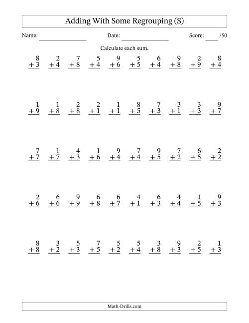 The 50 Single-Digit Addition Questions With Some Regrouping (S) Math Worksheet