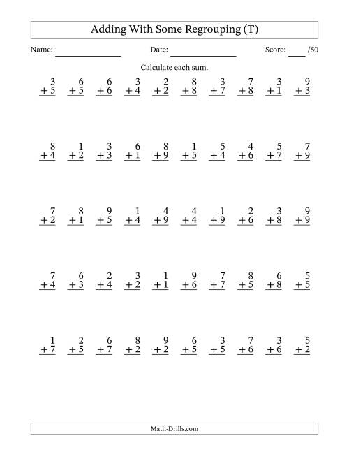 The 50 Single-Digit Addition Questions With Some Regrouping (T) Math Worksheet