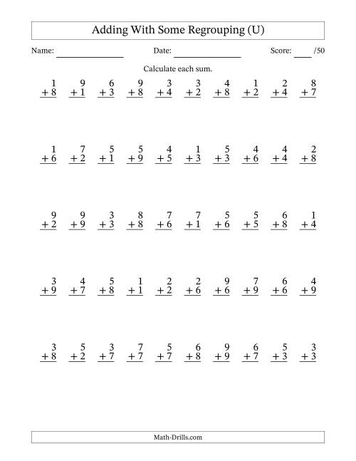 The 50 Single-Digit Addition Questions With Some Regrouping (U) Math Worksheet