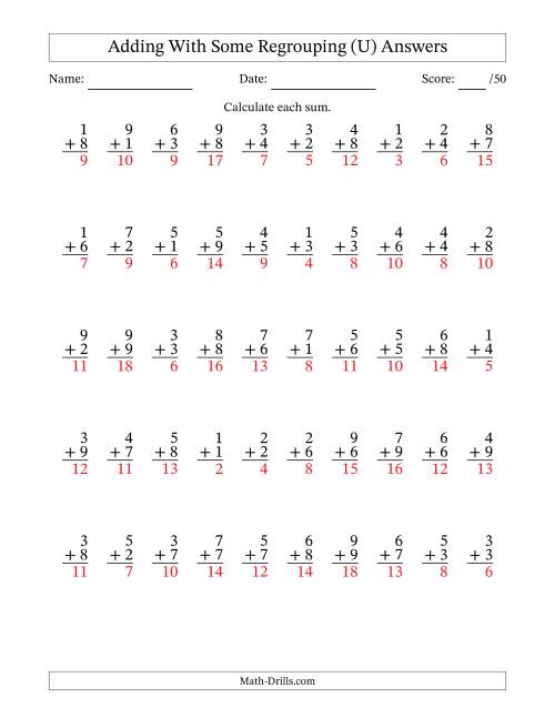 The 50 Single-Digit Addition Questions With Some Regrouping (U) Math Worksheet Page 2