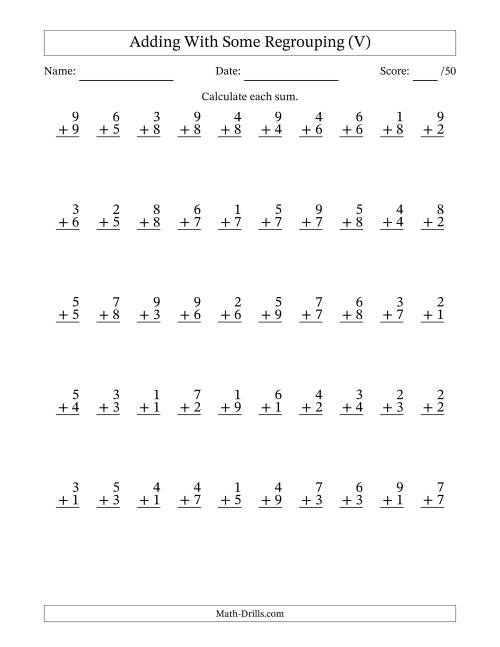 The 50 Single-Digit Addition Questions With Some Regrouping (V) Math Worksheet