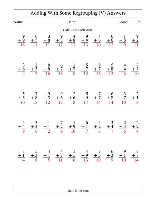 The 50 Single-Digit Addition Questions With Some Regrouping (V) Math Worksheet Page 2