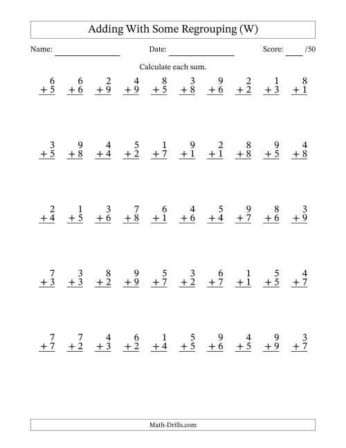 The 50 Single-Digit Addition Questions With Some Regrouping (W) Math Worksheet