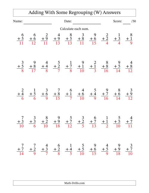 The 50 Single-Digit Addition Questions With Some Regrouping (W) Math Worksheet Page 2