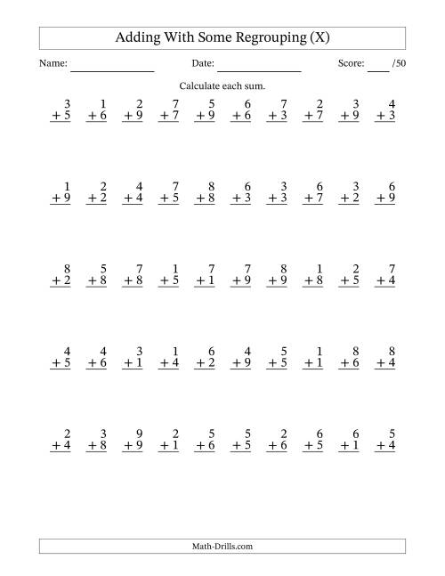 The 50 Single-Digit Addition Questions With Some Regrouping (X) Math Worksheet