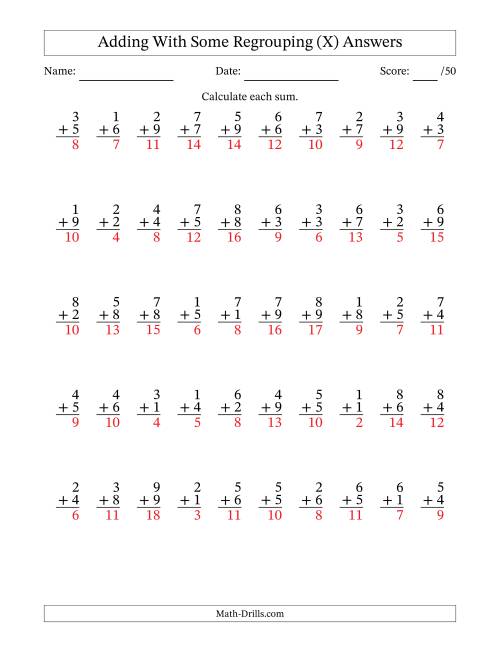 The 50 Single-Digit Addition Questions With Some Regrouping (X) Math Worksheet Page 2