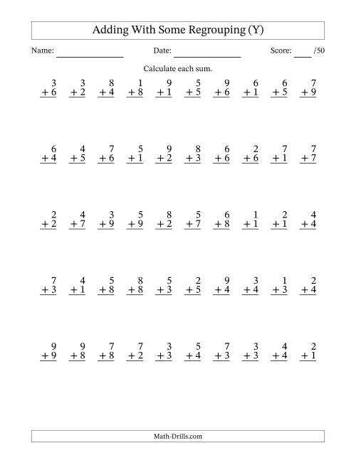 The 50 Single-Digit Addition Questions With Some Regrouping (Y) Math Worksheet