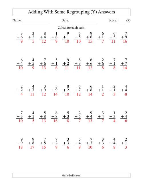 The 50 Single-Digit Addition Questions With Some Regrouping (Y) Math Worksheet Page 2