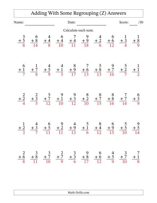 The 50 Single-Digit Addition Questions With Some Regrouping (Z) Math Worksheet Page 2