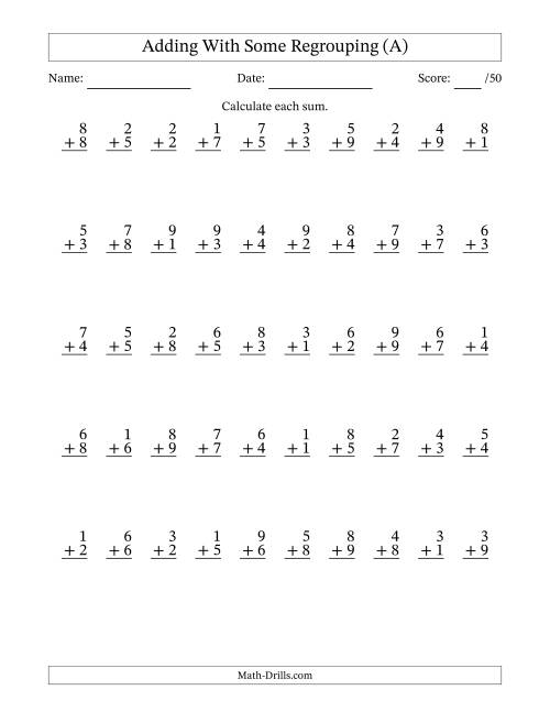 The 50 Single-Digit Addition Questions With Some Regrouping (All) Math Worksheet