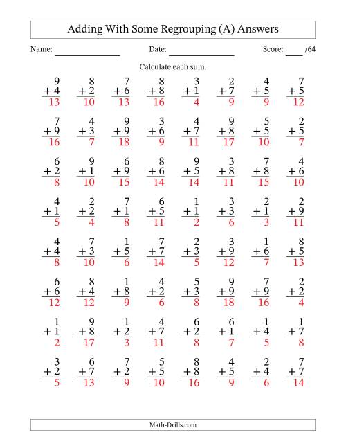 The 64 Single-Digit Addition Questions With Some Regrouping (A) Math Worksheet Page 2