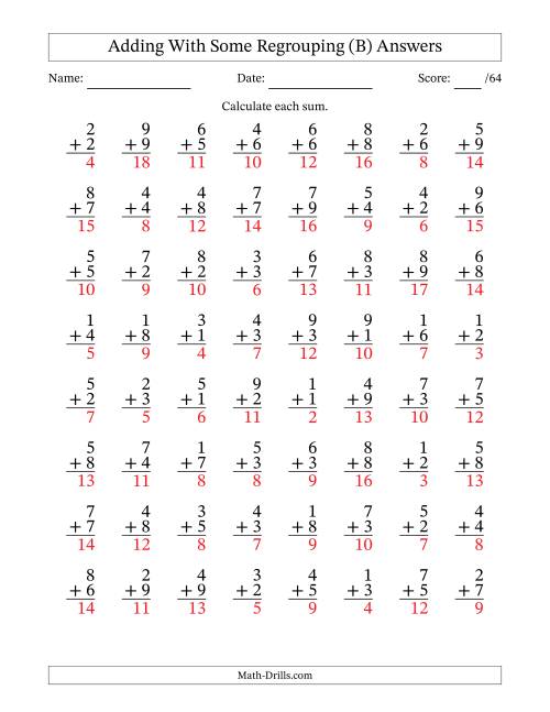 The 64 Single-Digit Addition Questions With Some Regrouping (B) Math Worksheet Page 2