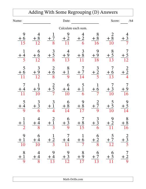 The 64 Single-Digit Addition Questions With Some Regrouping (D) Math Worksheet Page 2