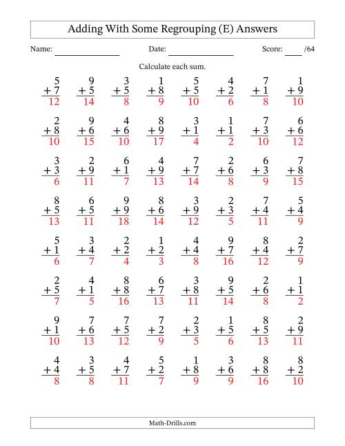 The 64 Single-Digit Addition Questions With Some Regrouping (E) Math Worksheet Page 2