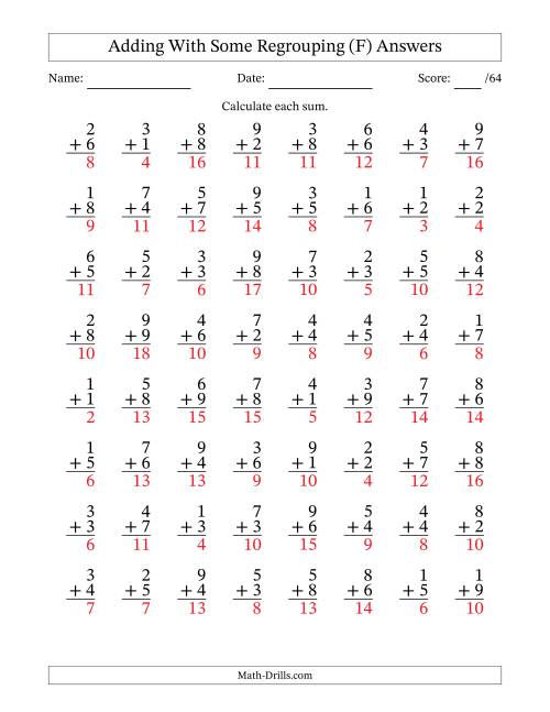 The 64 Single-Digit Addition Questions With Some Regrouping (F) Math Worksheet Page 2